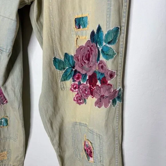 Paper Lace Rose Appliqué Jeans 1X Vintage Look Distressed Cottagecore Boho - Picture 3 of 8
